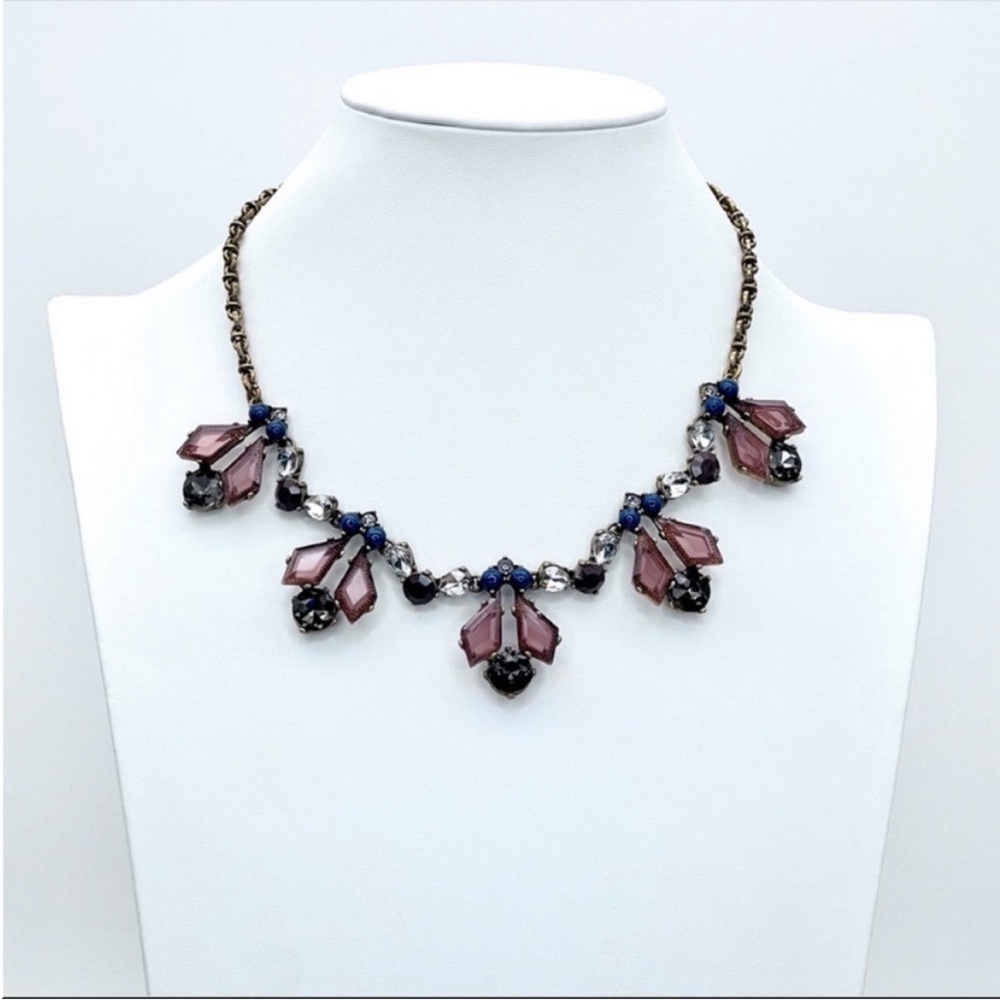 J. Crew Purple+Navy+Black Floral Rhinestone Collar GoldTone Statement Necklace